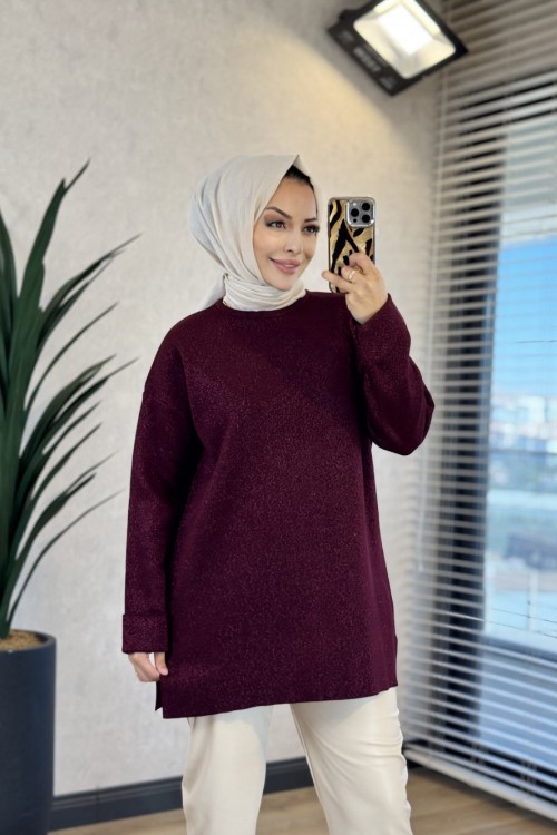 5046 Simli Kolu Katlamalı Triko Tunik Bordo 