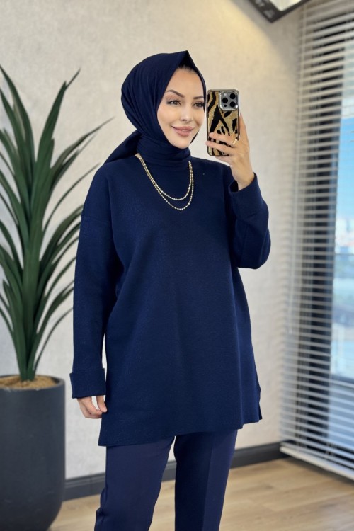 5046 Simli Kolu Katlamalı Triko Tunik Lacivert 