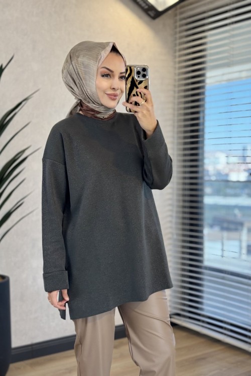 5046 Simli Kolu Katlamalı Triko Tunik Haki 