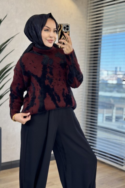6142 Angora Kendinden Desenli Triko Tunik Bordo 