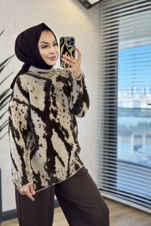 6142 Angora Kendinden Desenli Triko Tunik Bej 