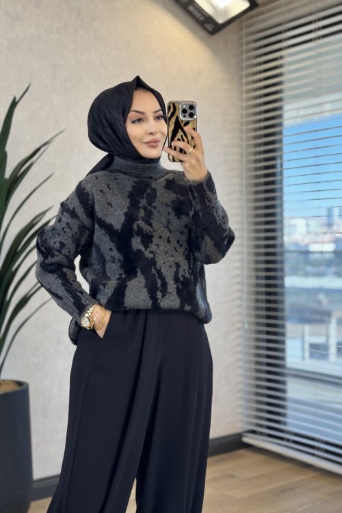6142 Angora Kendinden Desenli Triko Tunik Antrasit 