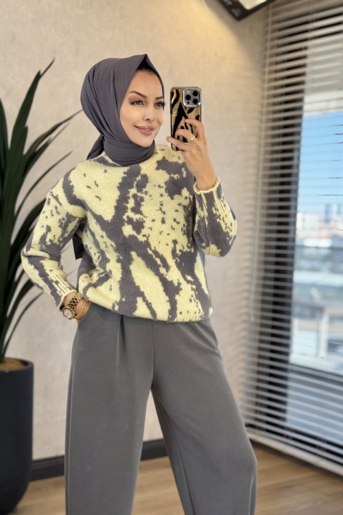6142 Angora Kendinden Desenli Triko Tunik Sarı 
