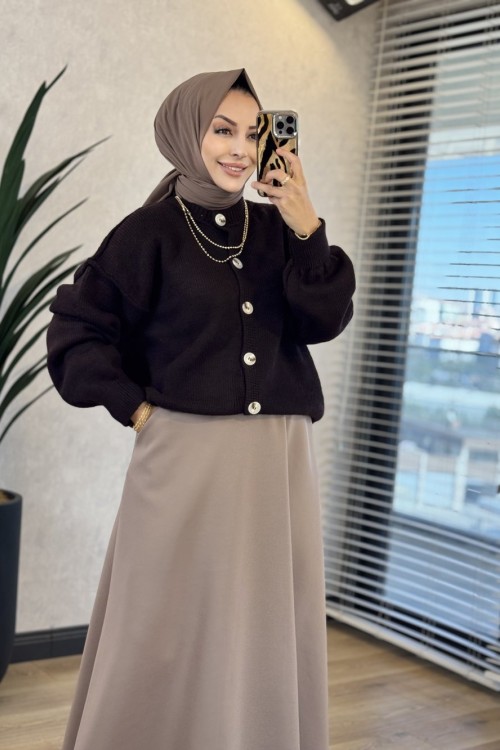 T-1014 Önü Düğmeli Triko Hırka Mürdüm 