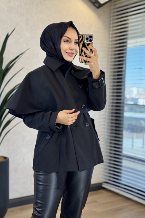 7764 Pelerin Detaylı Trenç Siyah 