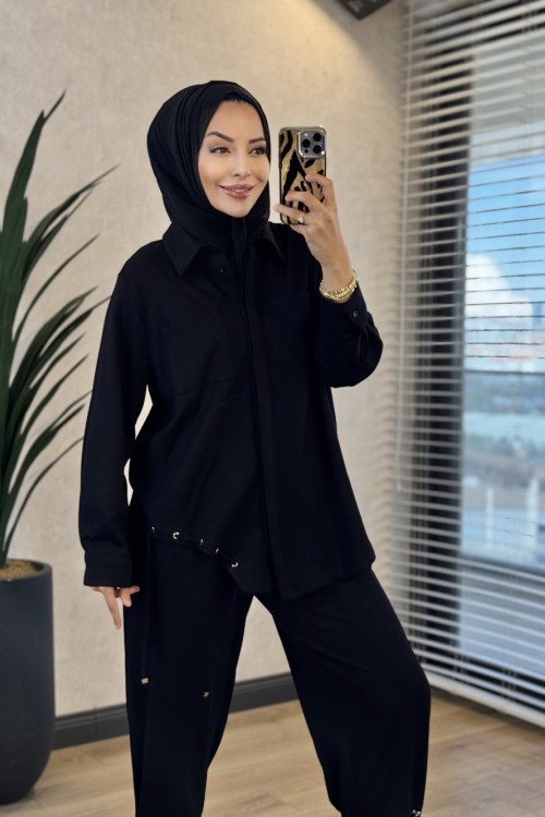 22952 Etek Ucu İp Geçmeli 2 Cepli Takım Siyah 