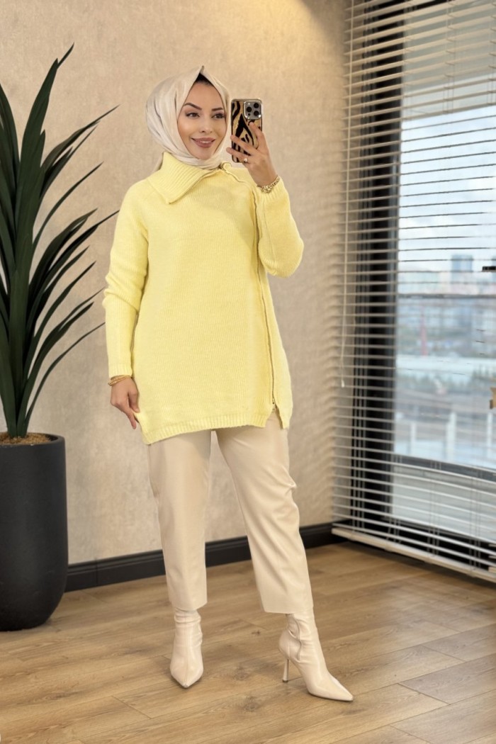 7768 Oslo Yandan Fermuarlı Triko Tunik Sarı 