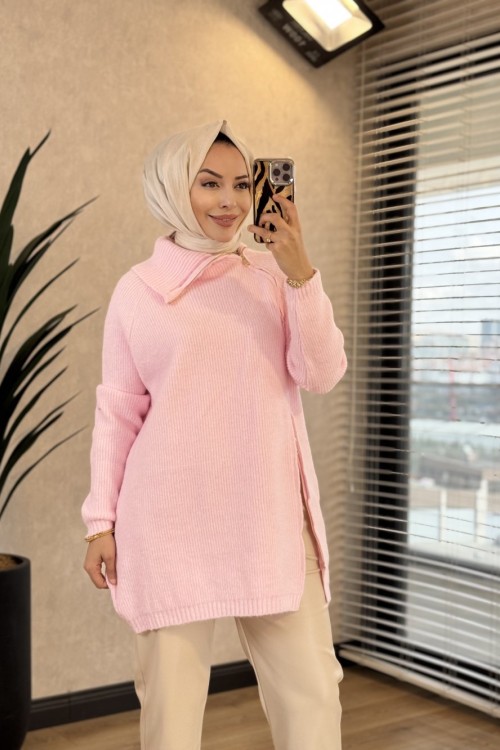 7768 Oslo Yandan Fermuarlı Triko Tunik Pembe