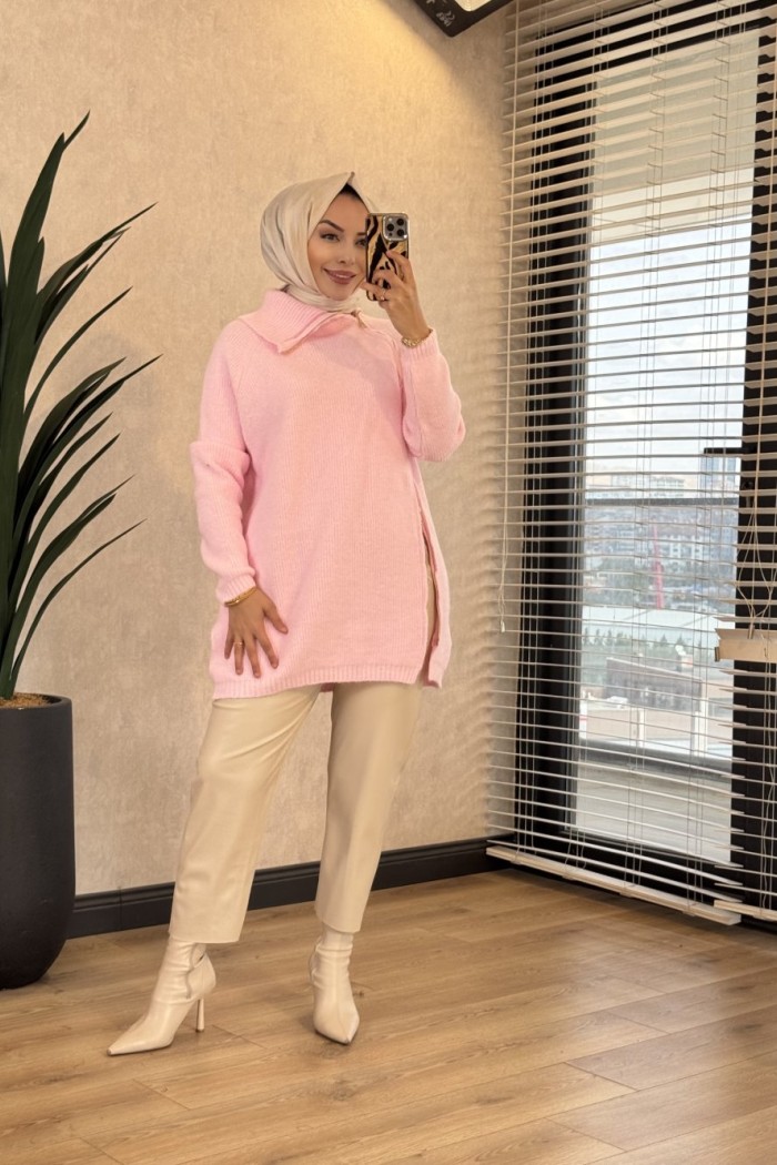7768 Oslo Yandan Fermuarlı Triko Tunik Pembe