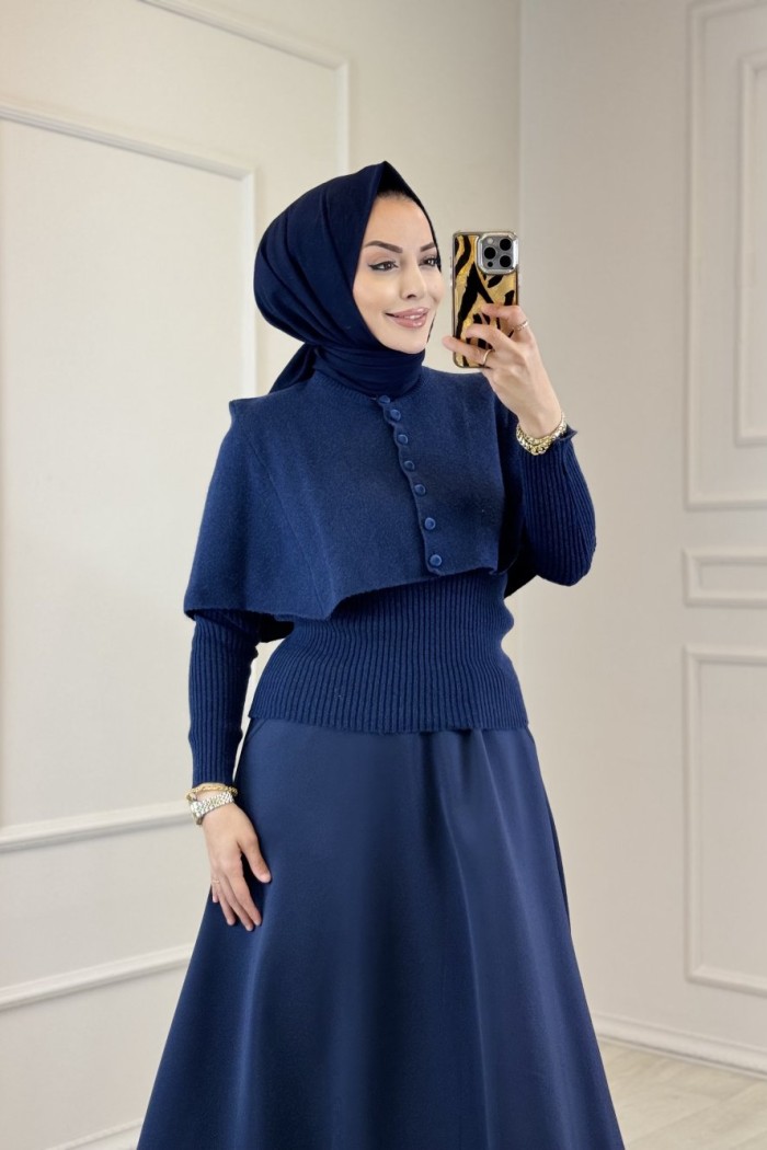 146037 Düğmeli Triko Panço İkili Bluz Takım Lacivert 