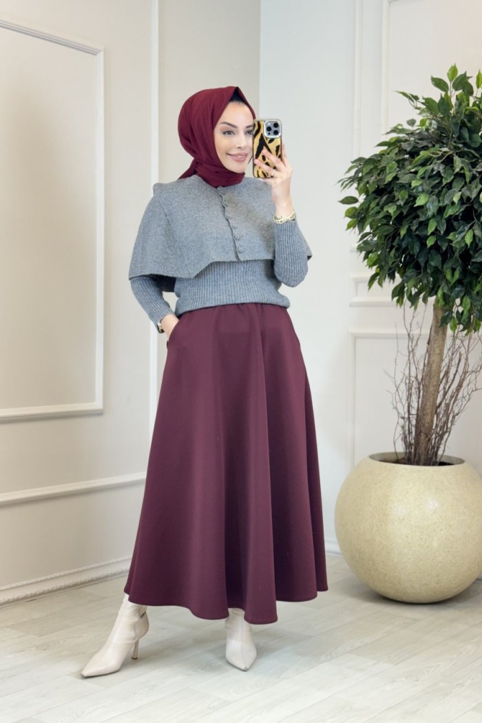 146037 Düğmeli Triko Panço İkili Bluz Takım Gri 