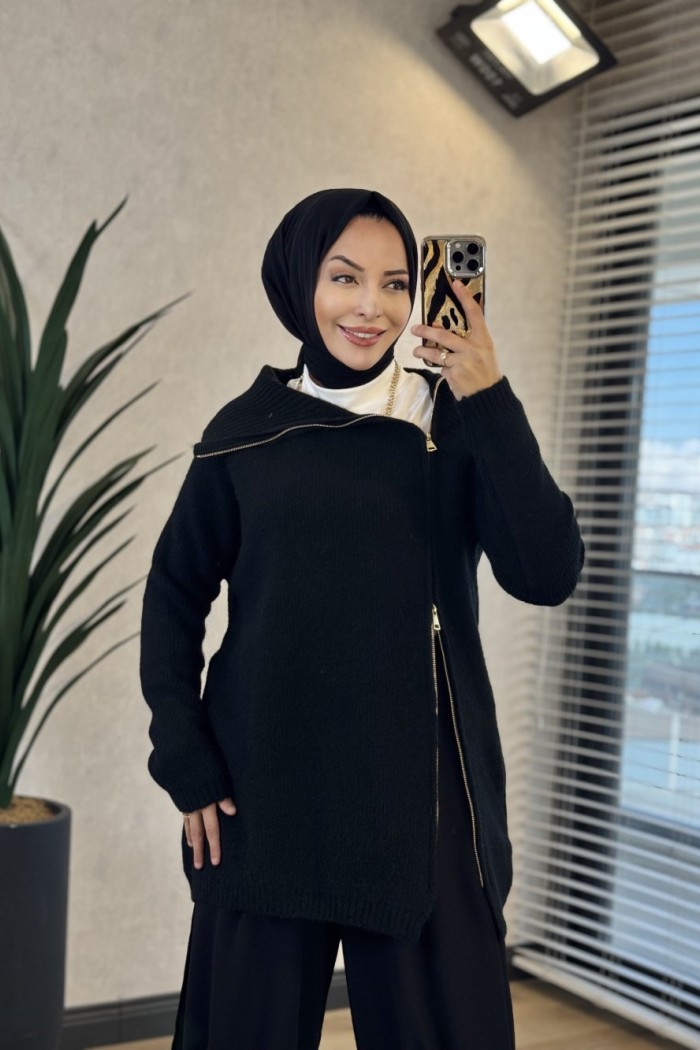 7768 Oslo Yandan Fermuarlı Triko Tunik Siyah 