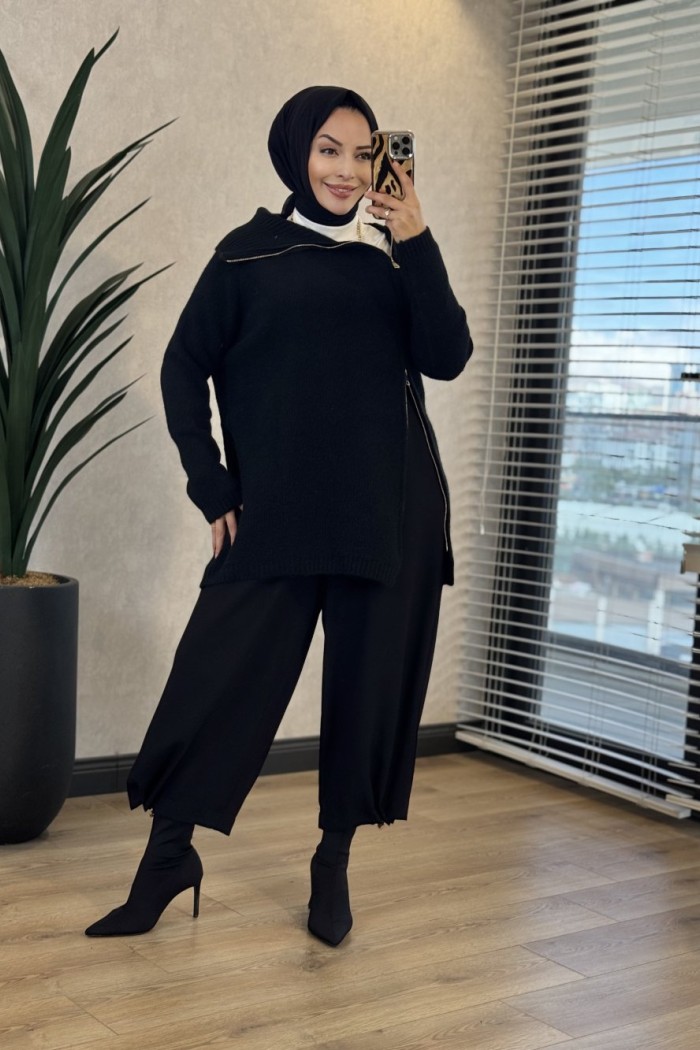 7768 Oslo Yandan Fermuarlı Triko Tunik Siyah 