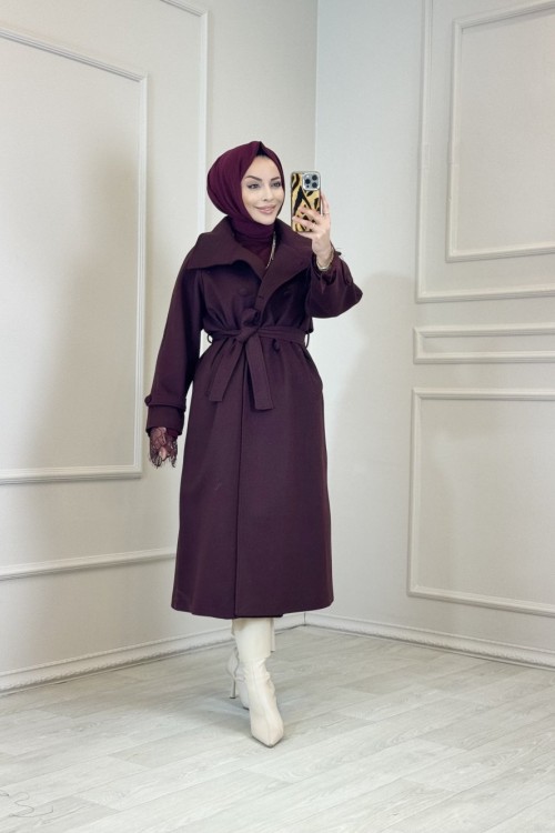 70221 Kaşe Yakalı Altı Düğmeli Kaban Bordo 