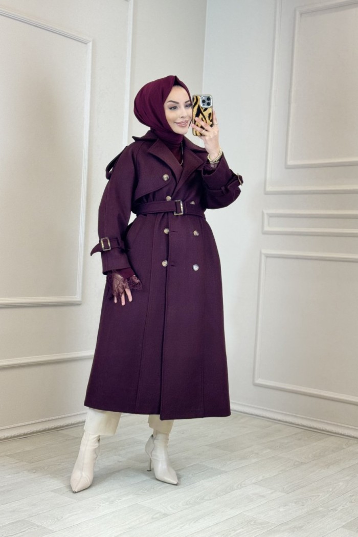 70225 Kaşe Altı Düğmeli Roba Parçalı Kaban Bordo 