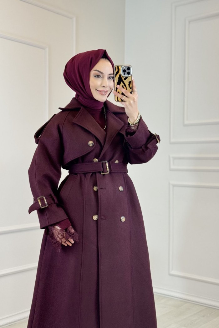 70225 Kaşe Altı Düğmeli Roba Parçalı Kaban Bordo 