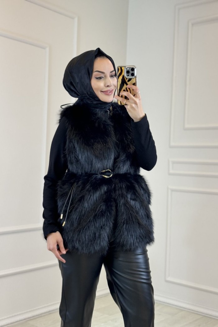 4604 Kürk Kemerli Yelek Siyah 
