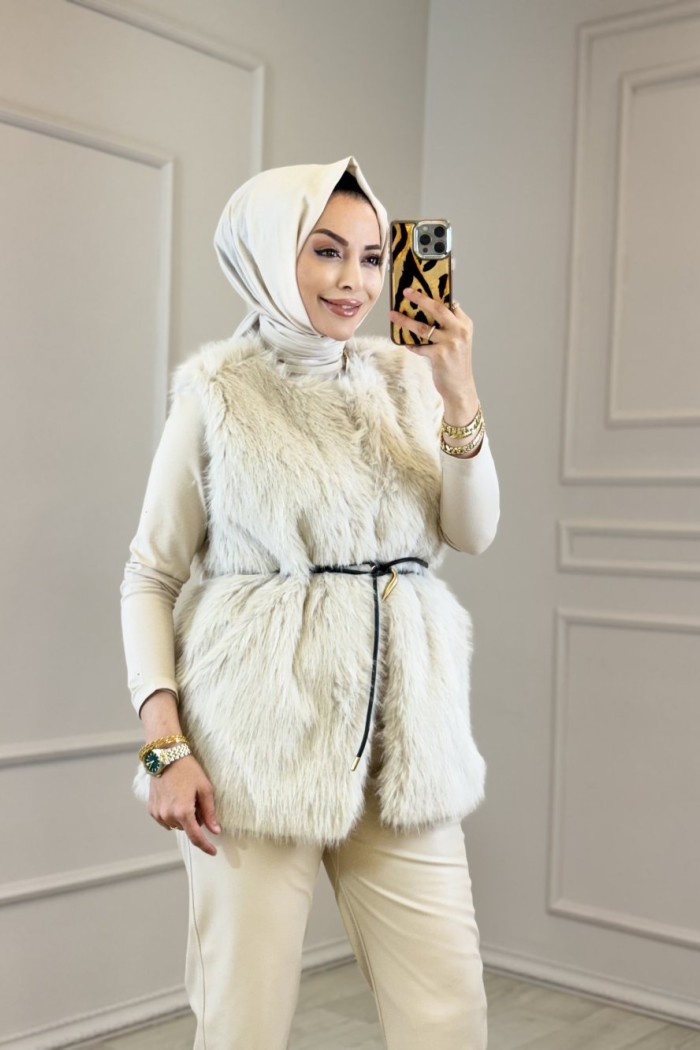 4604 Kürk Kemerli Yelek Bej 