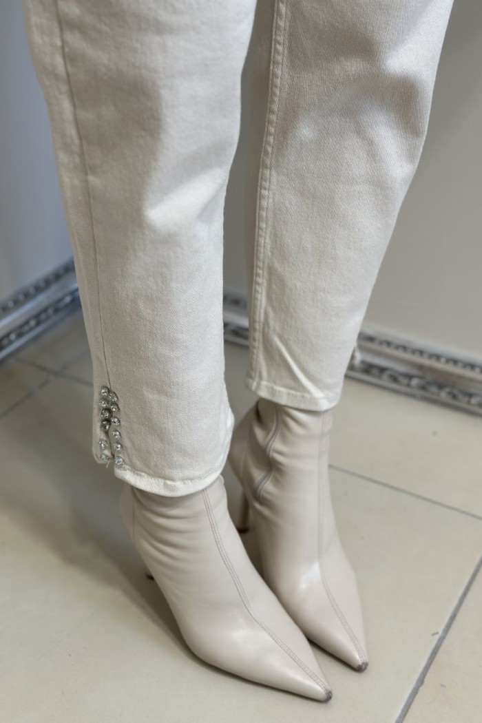 1010 Paçası Taşlı Kot Pantolon Bej