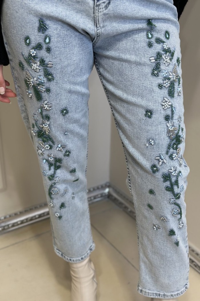 4714 Önü Boncuk İşlemeli Kot Pantolon Mavi 