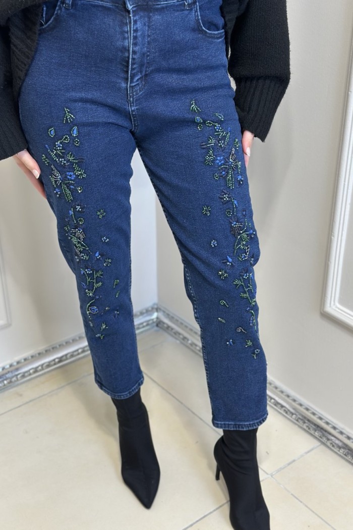 4714 Önü Boncuk İşlemeli Kot Pantolon Lacivert 
