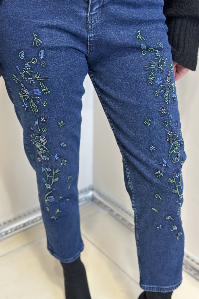 4714 Önü Boncuk İşlemeli Kot Pantolon Lacivert 