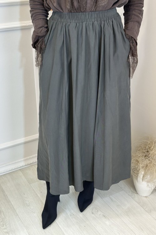 5036 Tencel Beli Lastikli Cepli Etek Haki 
