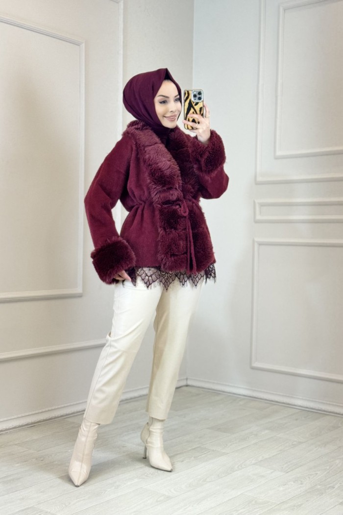 9187 Yakası Peluşlu Hırka Bordo 