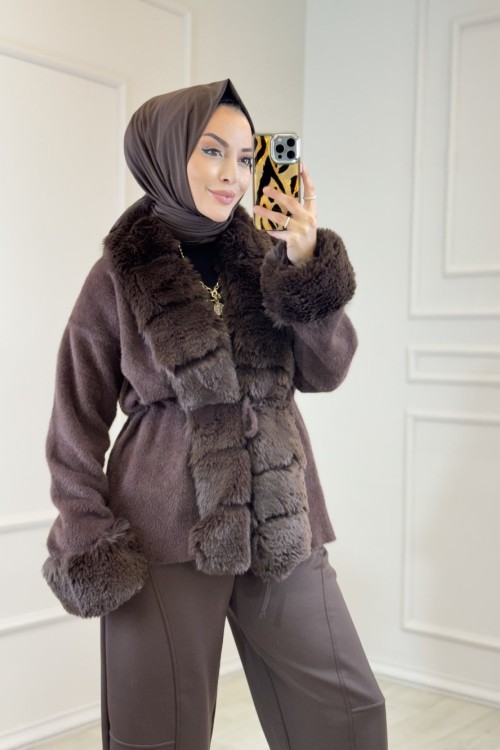 9187 Yakası Peluşlu Hırka Kahve