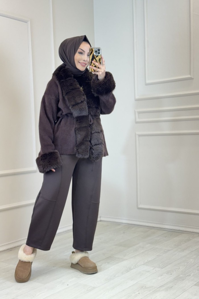 9187 Yakası Peluşlu Hırka Kahve