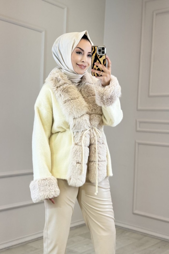 9187 Yakası Peluşlu Hırka Ekru 