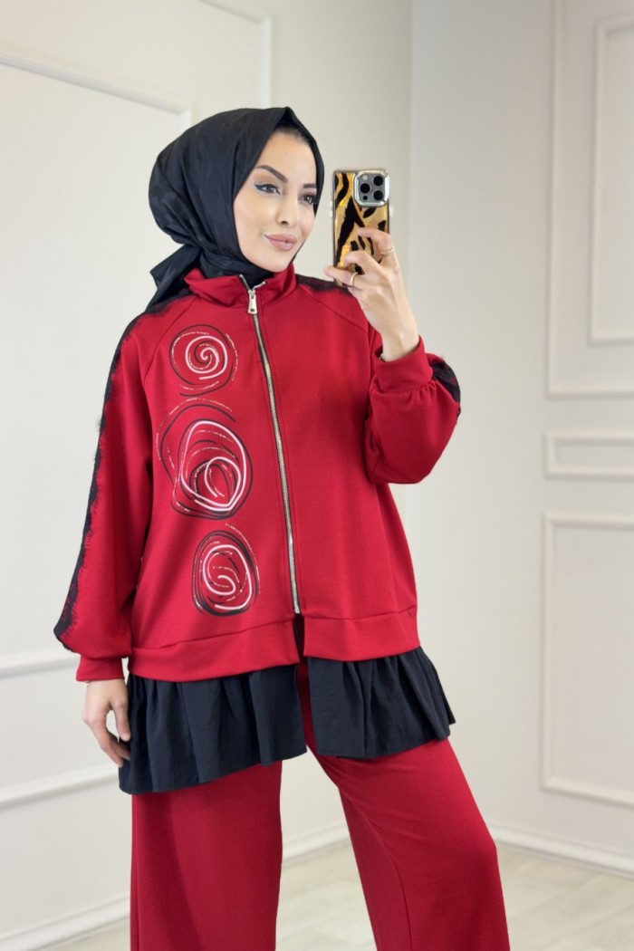 74057 Omuzu Ve Kolu Dantelli Takım Kırmızı