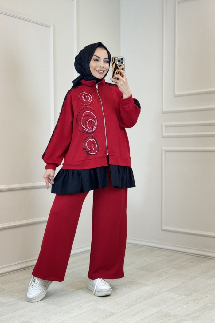 74057 Omuzu Ve Kolu Dantelli Takım Kırmızı