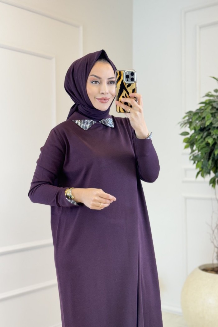 222 Yakası Taşlı Gömlek Yaka Triko Elbise Mürdüm 