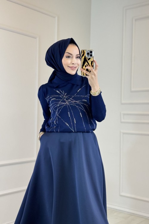 312 Gömlek Yaka Taşlı Triko Tunik Lacivert 