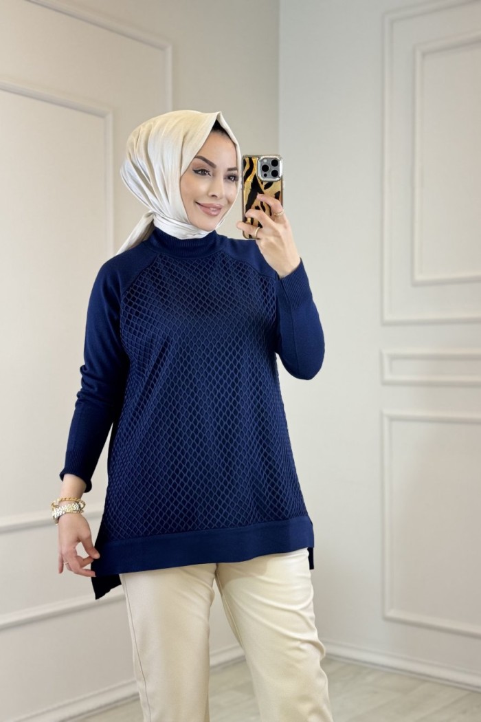 337 Önü Fileli Triko Tunik Lacivert 