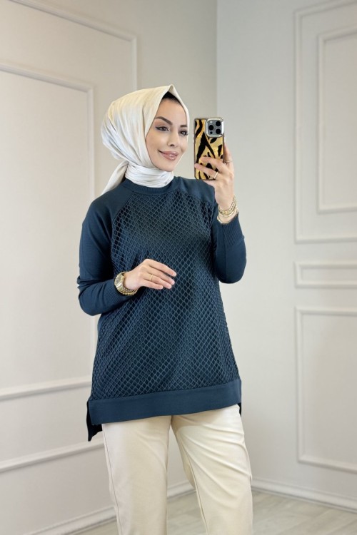 337 Önü Fileli Triko Tunik Zümrüt 