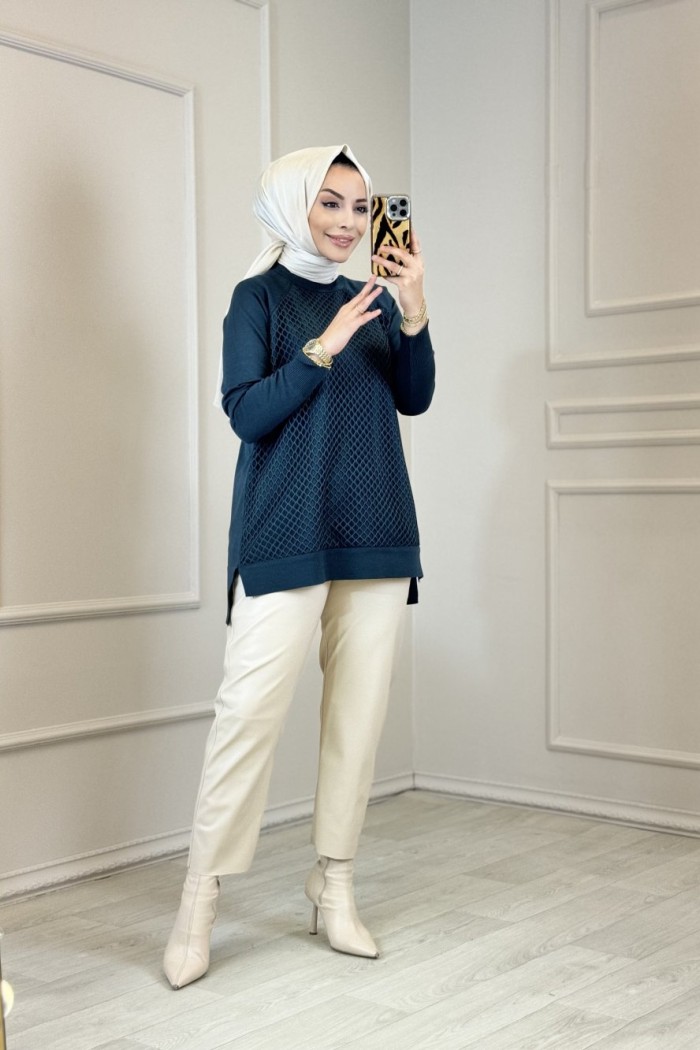 337 Önü Fileli Triko Tunik Zümrüt 