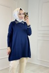 317 Yaka Boncuklu Gömlek Yaka Triko Tunik Lacivert 