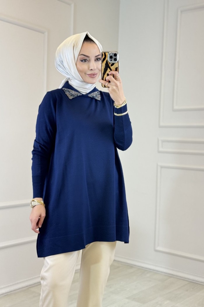317 Yaka Boncuklu Gömlek Yaka Triko Tunik Lacivert 