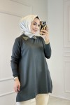 317 Yaka Boncuklu Gömlek Yaka Triko Tunik Haki 
