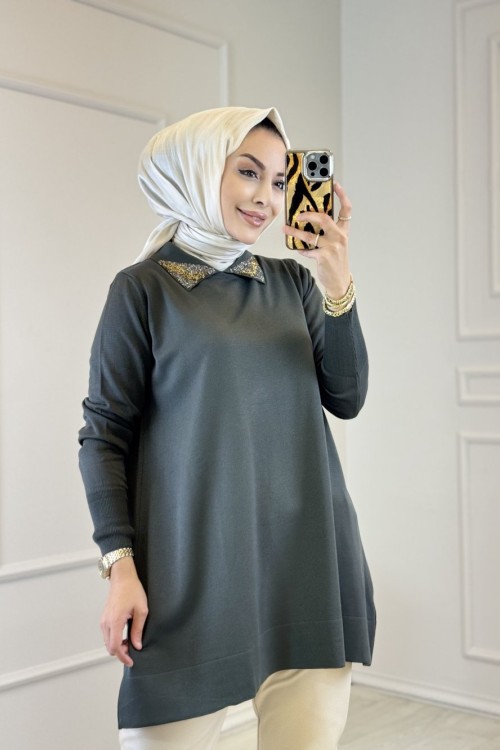 317 Yaka Boncuklu Gömlek Yaka Triko Tunik Haki 