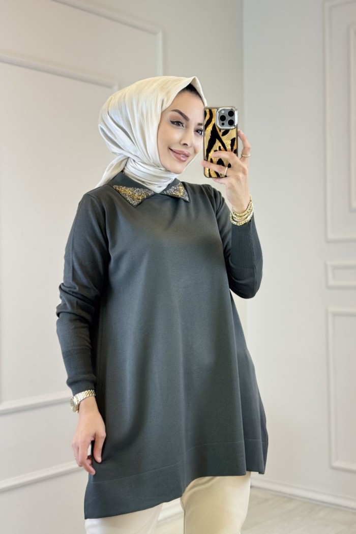 317 Yaka Boncuklu Gömlek Yaka Triko Tunik Haki 