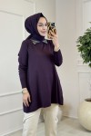 317 Yaka Boncuklu Gömlek Yaka Triko Tunik Mürdüm 