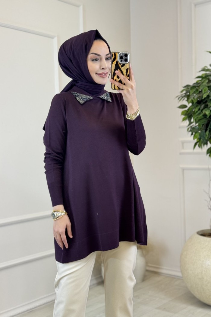 317 Yaka Boncuklu Gömlek Yaka Triko Tunik Mürdüm 