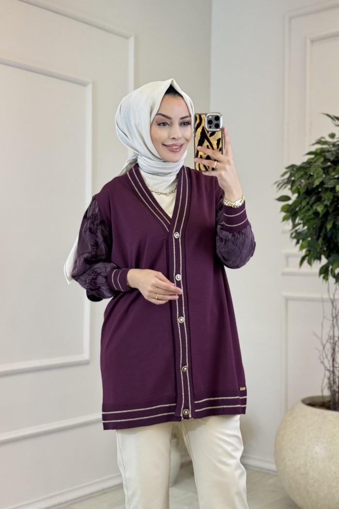 298 Simli Kolları Desenli Hırka Mürdüm 