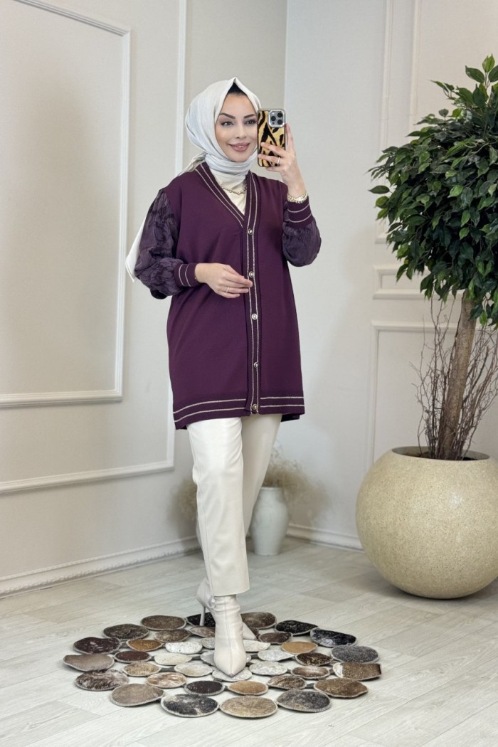 298 Simli Kolları Desenli Hırka Mürdüm 