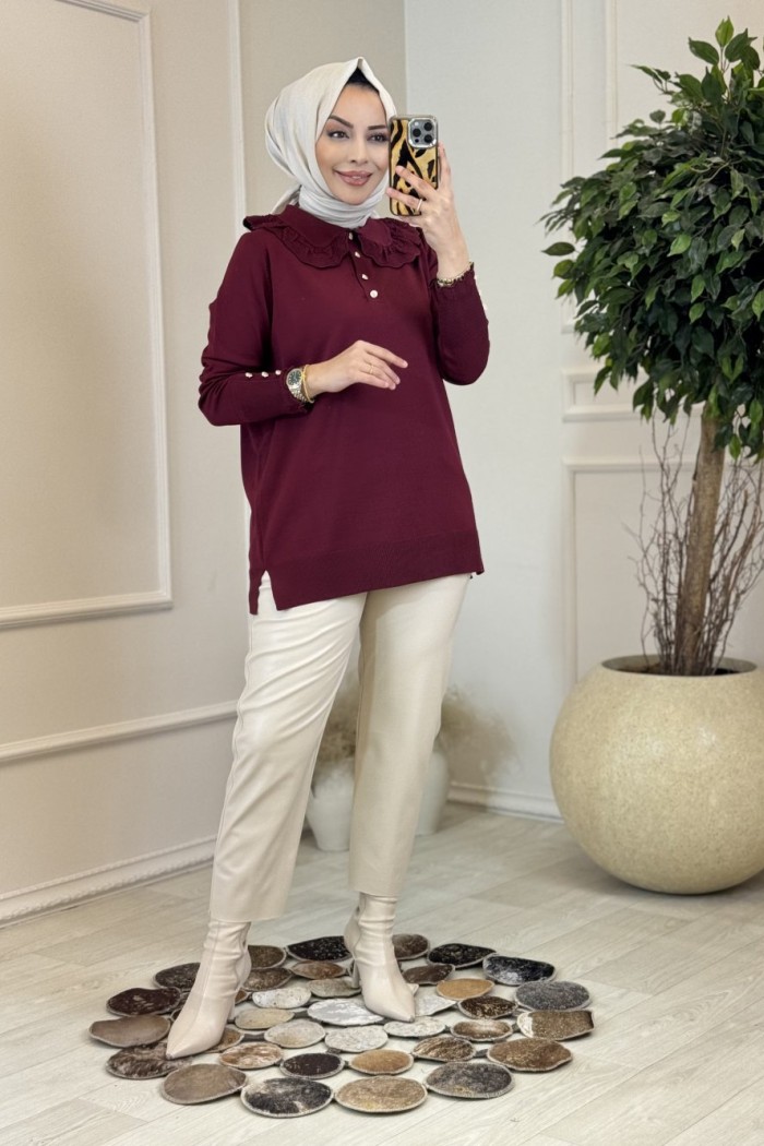 260 Dantelli Bebe Yaka Triko Tunik Bordo 