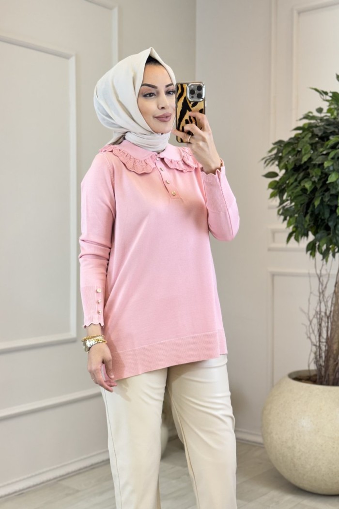 260 Dantelli Bebe Yaka Triko Tunik Pembe
