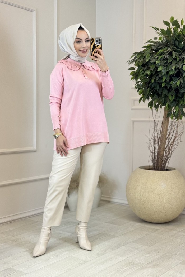 260 Dantelli Bebe Yaka Triko Tunik Pembe